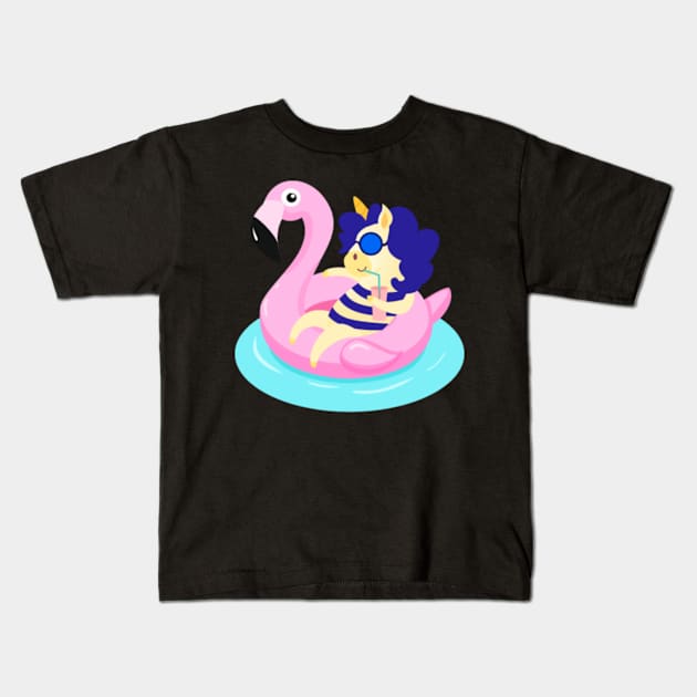 Unicorn with Flamingo Pool Float print Kids T-Shirt by Nulian Sanchez